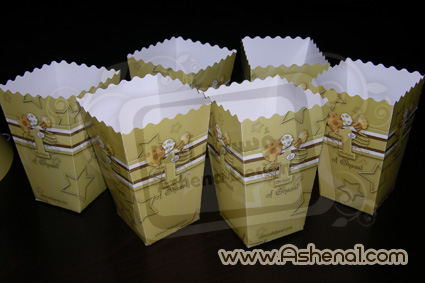 جعبه پاپ کورن با طرح تم یک سالگی طلایی و سفید