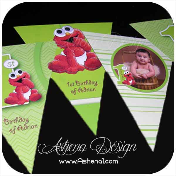 ریسه مثلثی تولد با طرح تم المو (elmo) و عکس کودک
